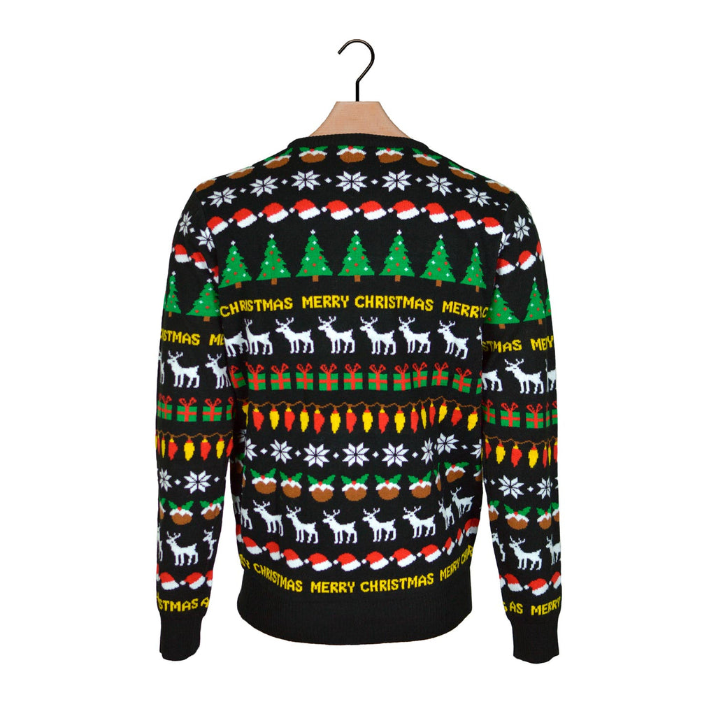 Black Christmas Jumper with Trees, Reindeers and Gifts Back