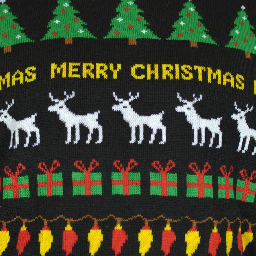 Black Christmas Jumper with Trees, Reindeers and Gifts Detail