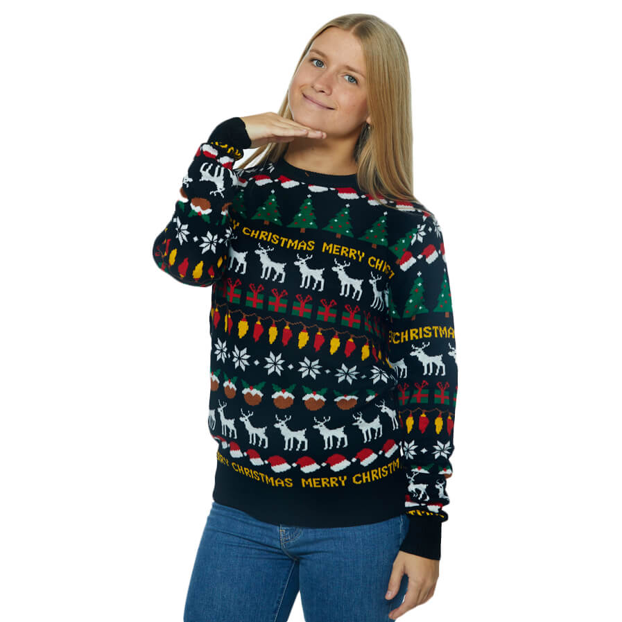 Black Christmas Jumper with Trees, Reindeers and Gifts Womens
