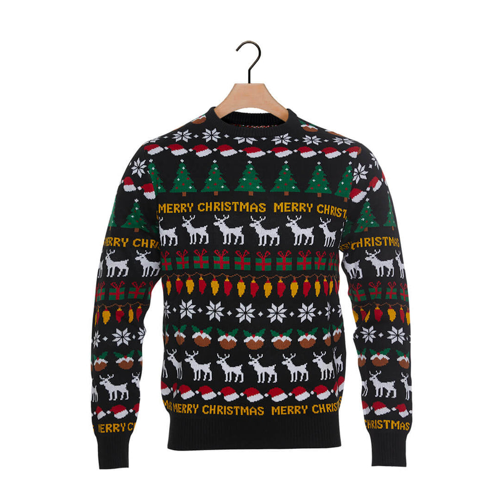 Black Christmas Jumper with Trees, Reindeers and Gifts