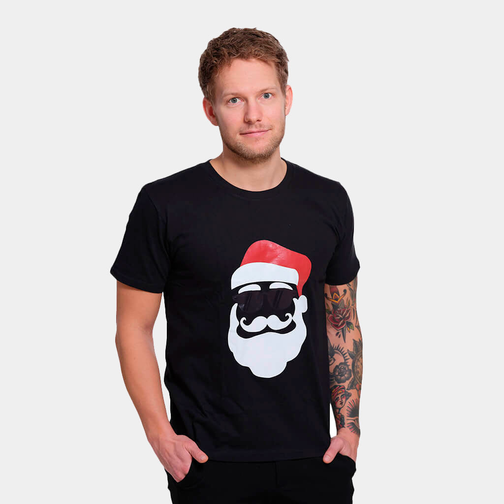 Black Mens Christmas T-Shirt with Santa Hipster