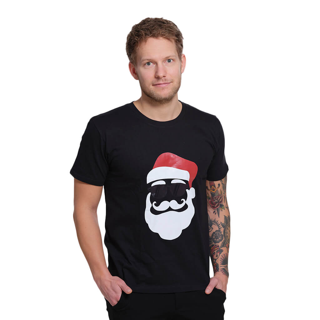 Black Mens Christmas T-Shirt with Santa Hipster