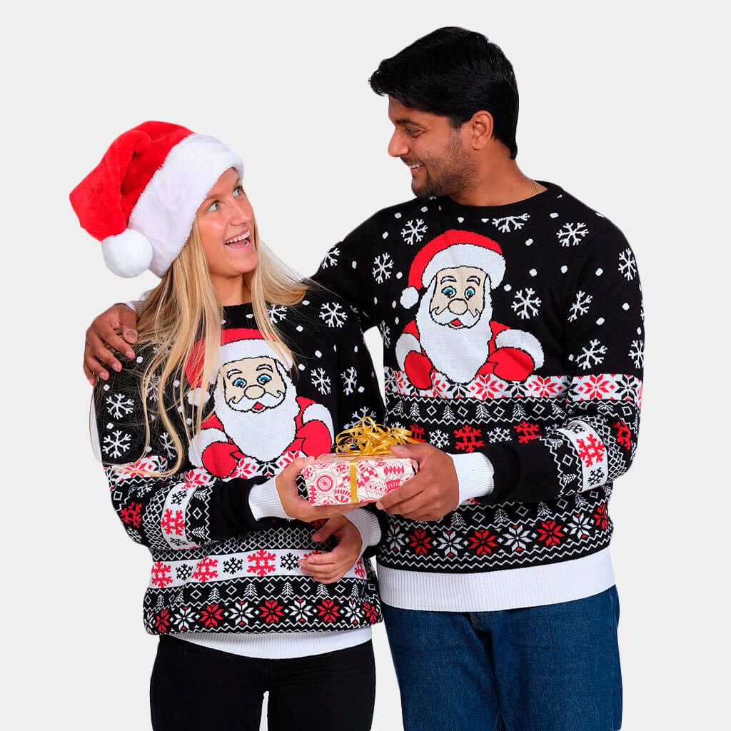 Black Organic Cotton Christmas Jumper with Santa and Snow Couple