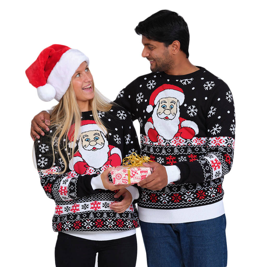Black Organic Cotton Christmas Jumper with Santa and Snow Couple