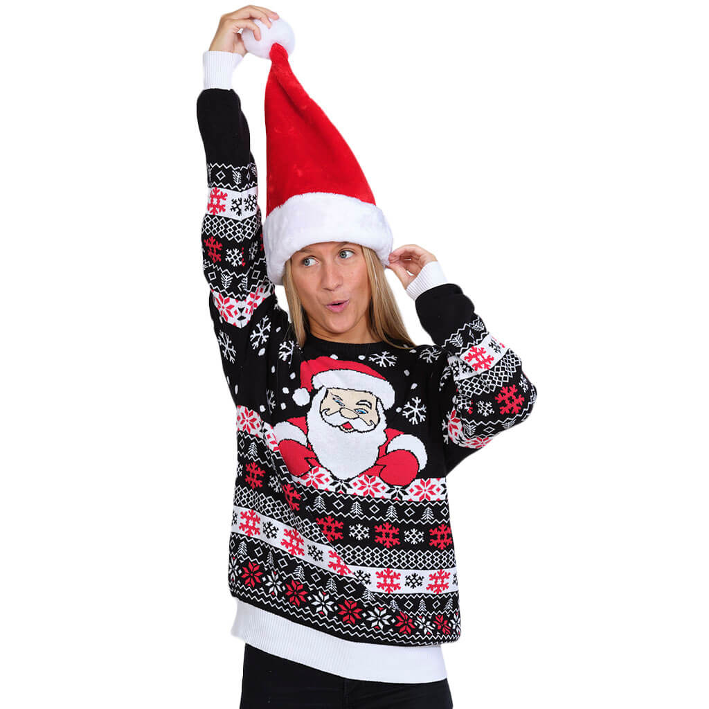Black Organic Cotton Christmas Jumper with Santa and Snow Womens