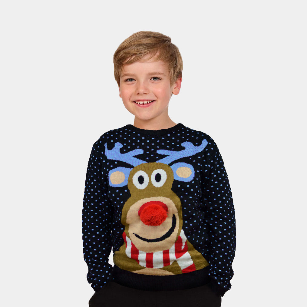 Blue 3D Boys Christmas Jumper Reindeer with Red Nosed