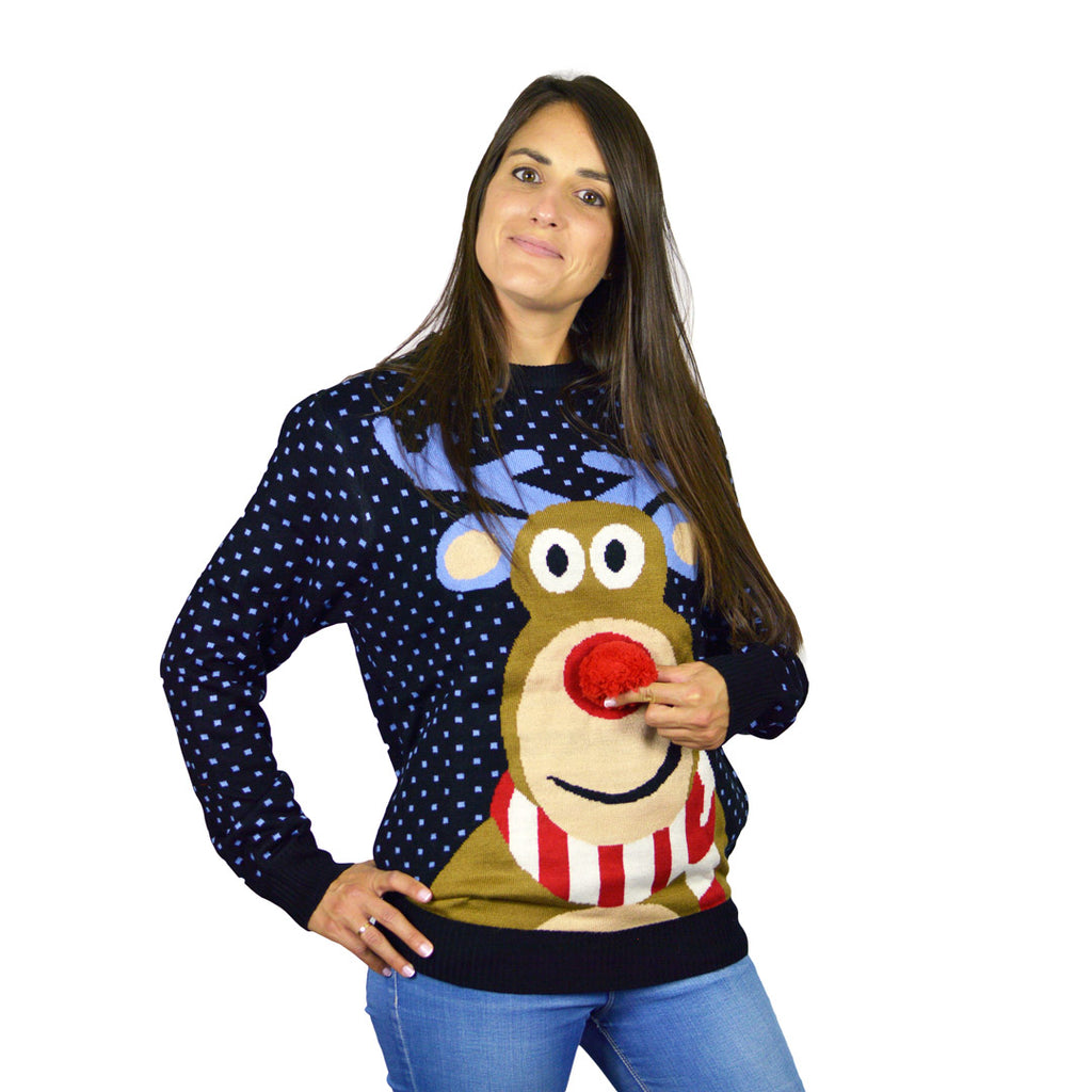 Blue 3D Christmas Jumper Reindeer with Red Nosed womens