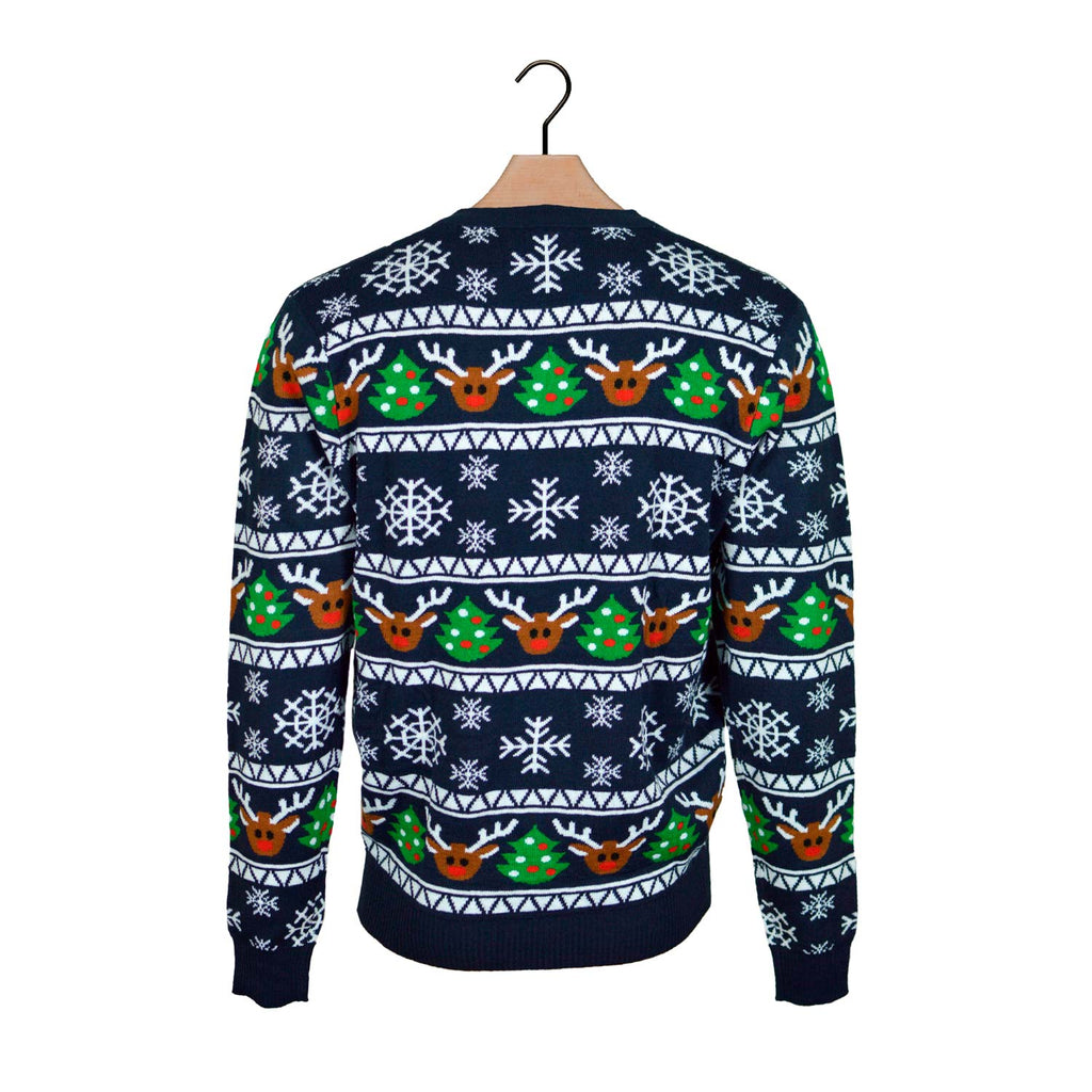 Blue Cardigan Christmas Jumper with Reindeers and Trees Back