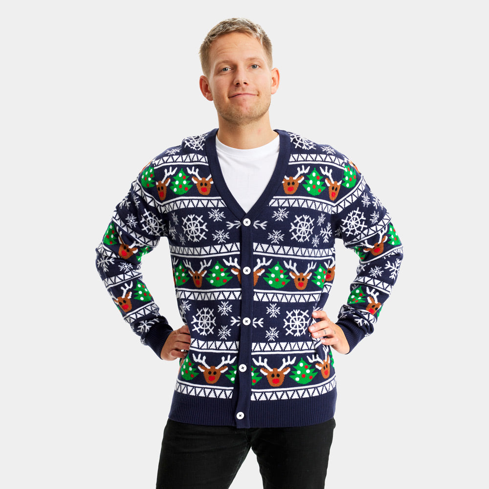 Blue Cardigan Christmas Jumper with Reindeers and Trees Mens