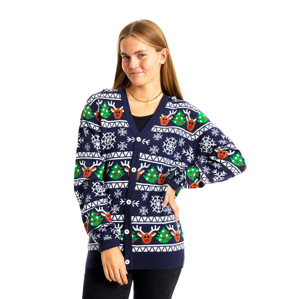 Blue Cardigan Christmas Jumper with Reindeers and Trees Womens