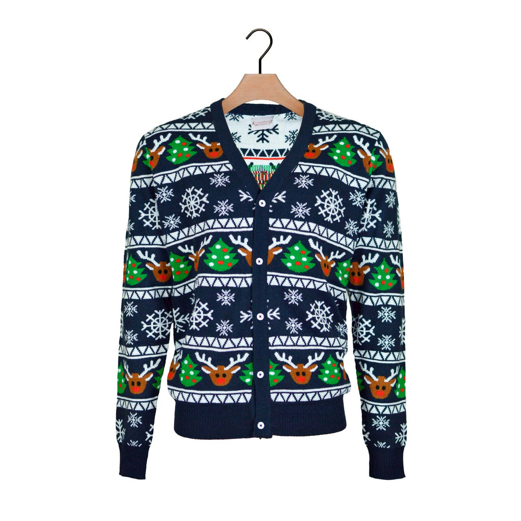 Blue Cardigan Christmas Jumper with Reindeers and Trees