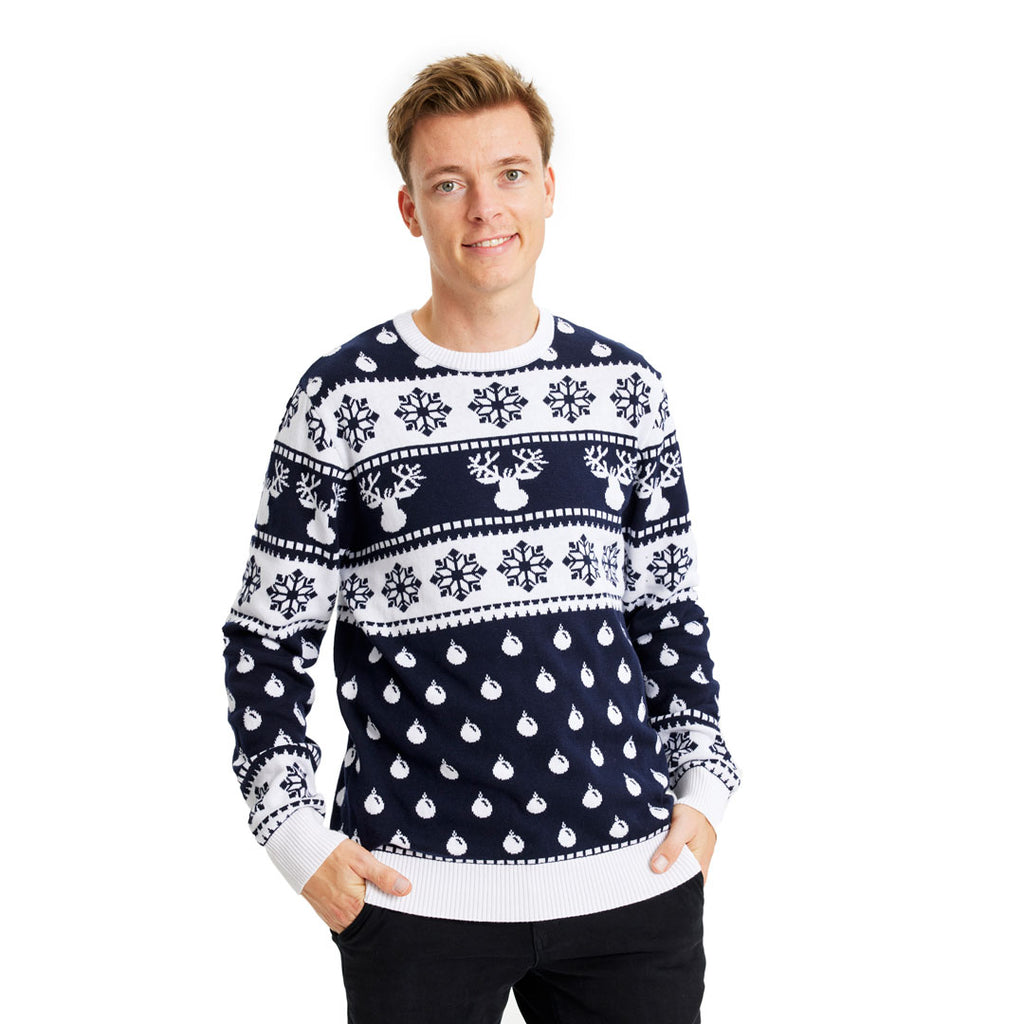 Blue Christmas Jumper with Reindeers and Snow Mens