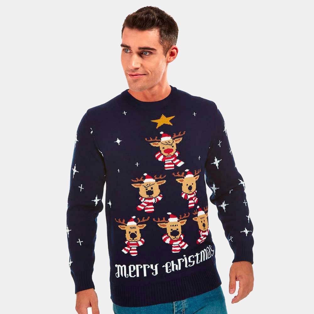 Blue Christmas Jumper with Reindeers, Christmas Tree and Star Mens