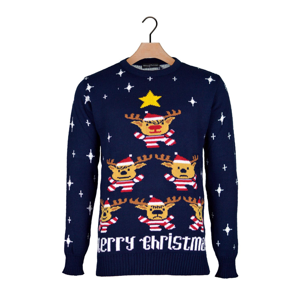 Blue Christmas Jumper with Reindeers, Christmas Tree and Star