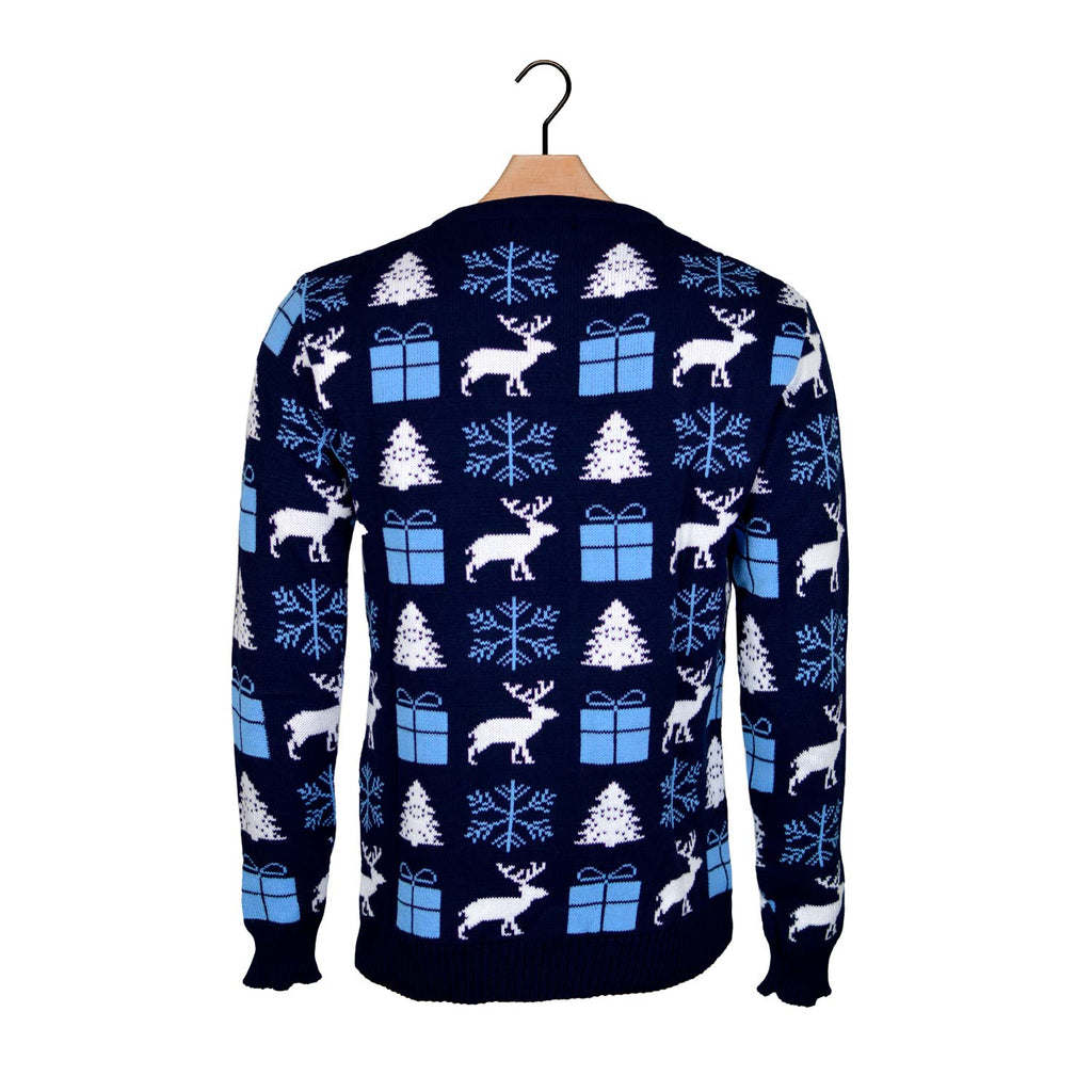 Blue Christmas Jumper with Reindeers, Gifts and Trees Back