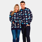 Blue Christmas Jumper with Reindeers, Gifts and Trees Couples