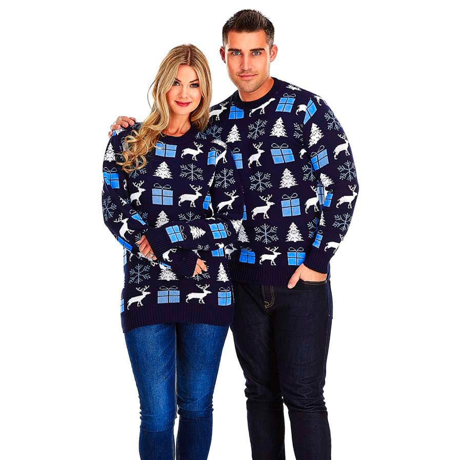Blue Christmas Jumper with Reindeers, Gifts and Trees Couples