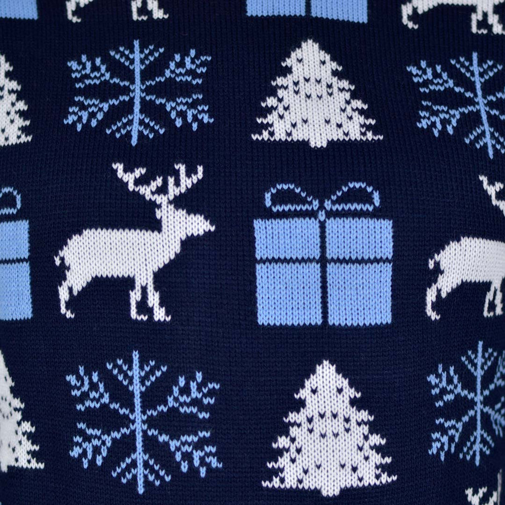 Blue Christmas Jumper with Reindeers, Gifts and Trees Detail