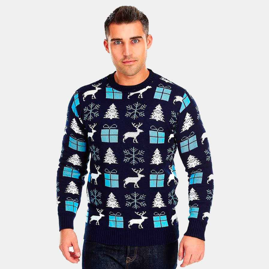 Blue Christmas Jumper with Reindeers, Gifts and Trees Mens