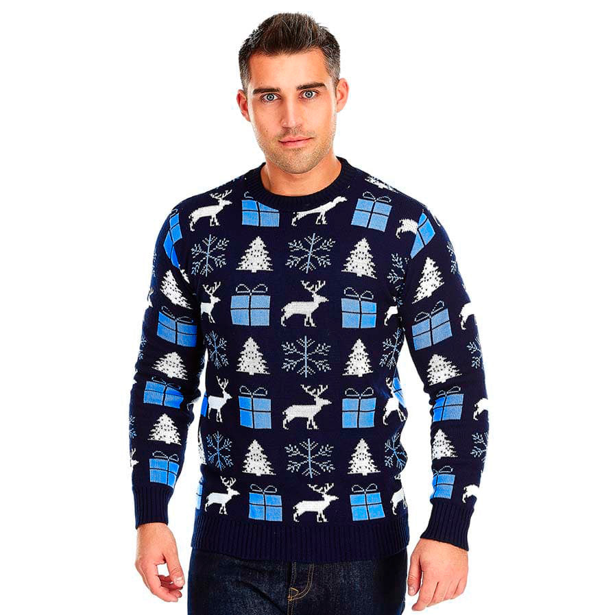 Blue Christmas Jumper with Reindeers, Gifts and Trees Mens