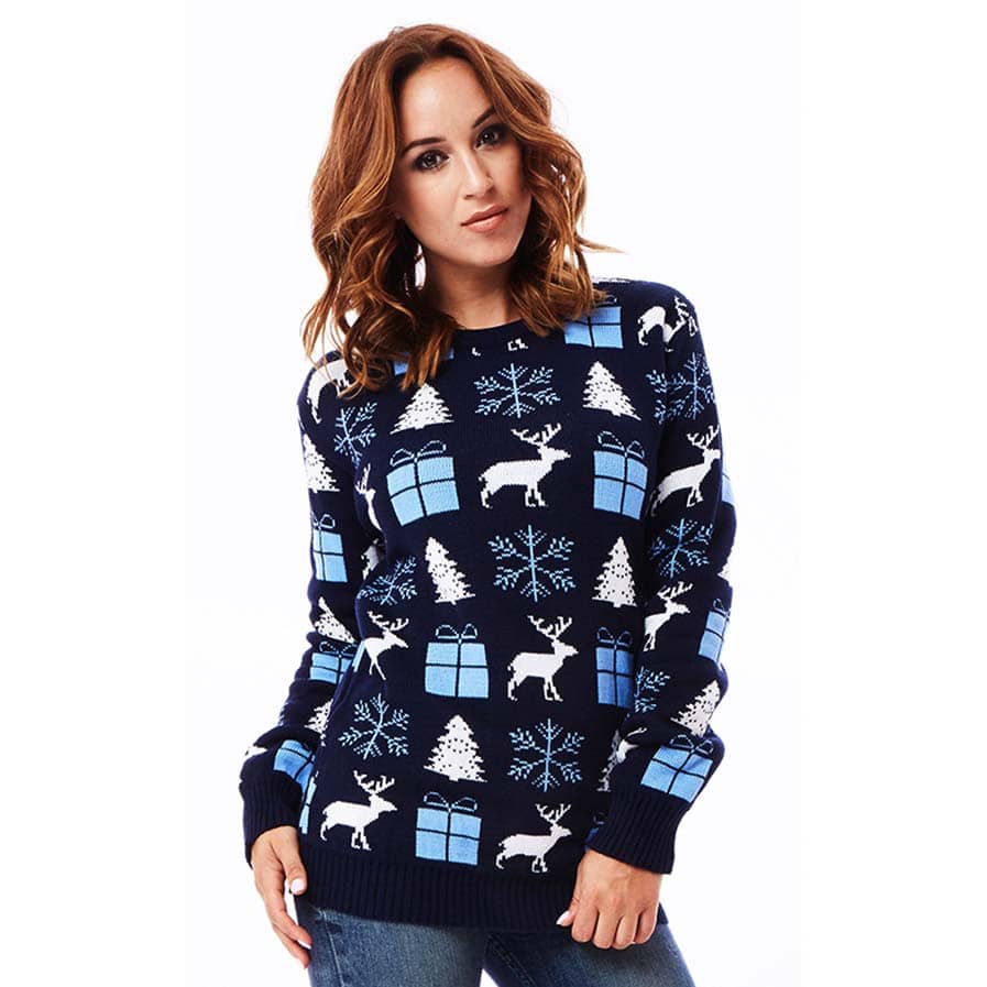 Blue Christmas Jumper with Reindeers, Gifts and Trees Womens