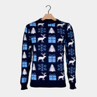 Blue Christmas Jumper with Reindeers, Gifts and Trees