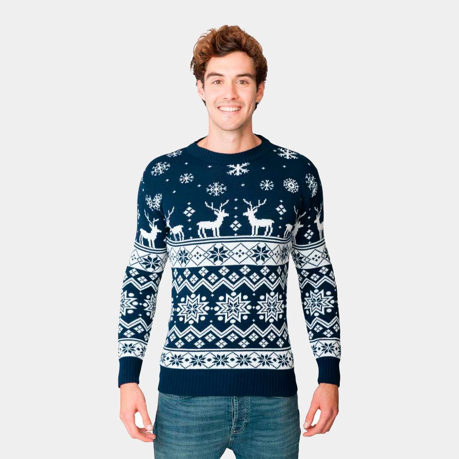 Mens Blue Christmas Jumper with Reindeers and Nordic Stars 2021