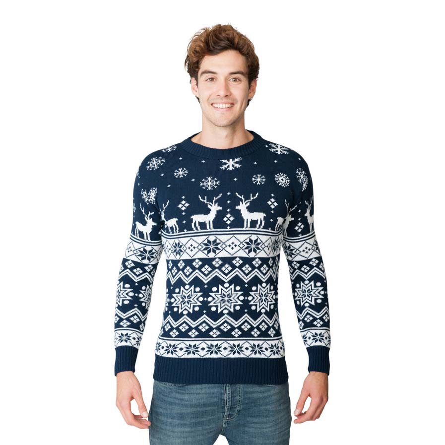 Mens Blue Christmas Jumper with Reindeers and Nordic Stars 2021