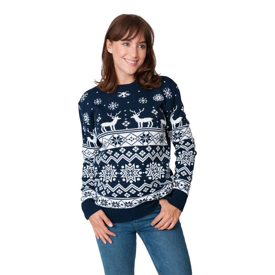 Womens Blue Christmas Jumper with Reindeers and Nordic Stars 2021