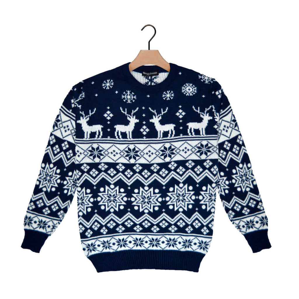 Blue Christmas Jumper with Reindeers and Nordic Stars 2021