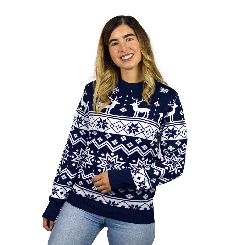 Blue Christmas Jumper with Reindeers and Nordic Stars Womens