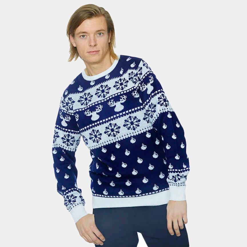 Blue Christmas Jumper with Reindeers and Snow 2021 Mens