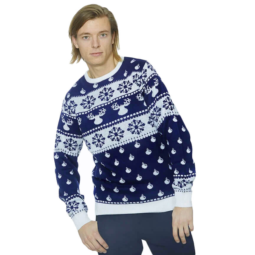 Blue Christmas Jumper with Reindeers and Snow 2021 Mens
