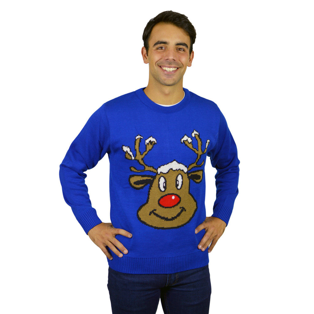 Blue Christmas Jumper with Smiling Reindeer Mens