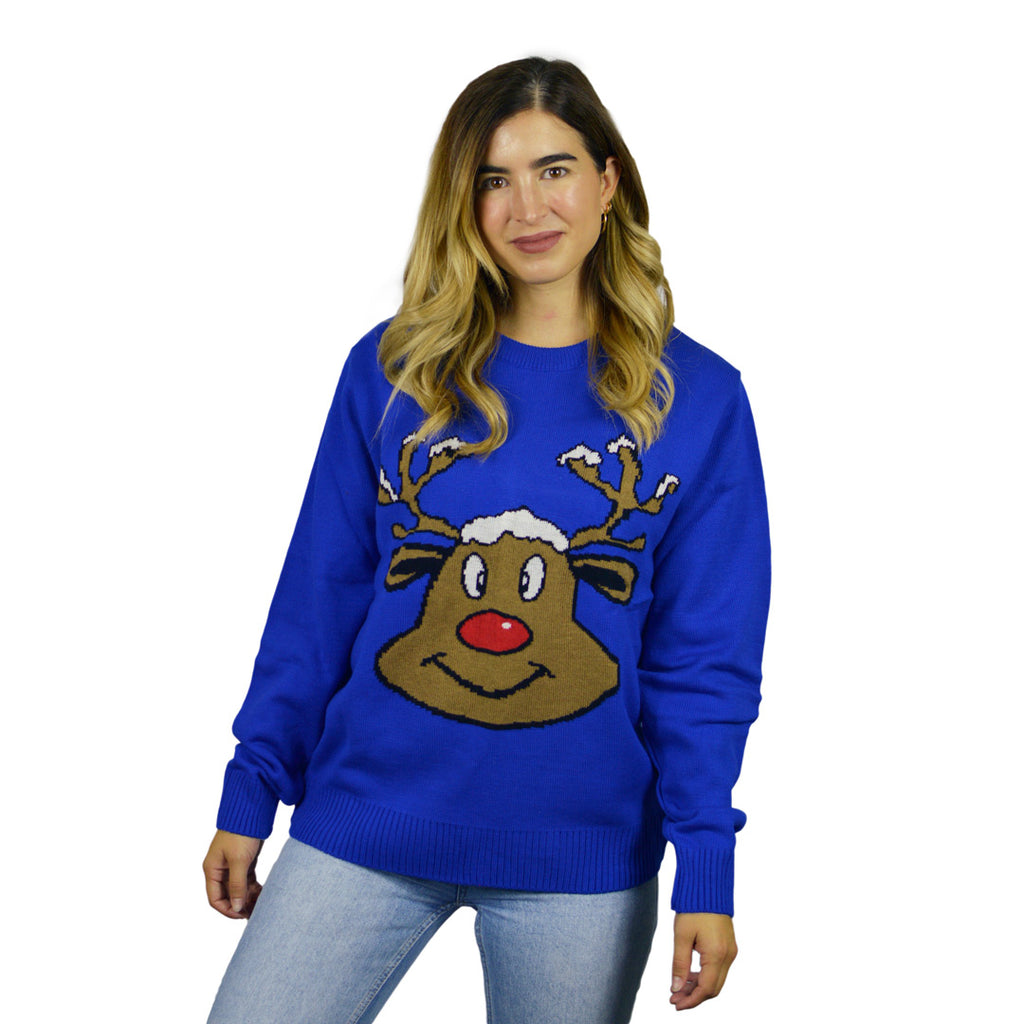 Blue Christmas Jumper with Smiling Reindeer Womens