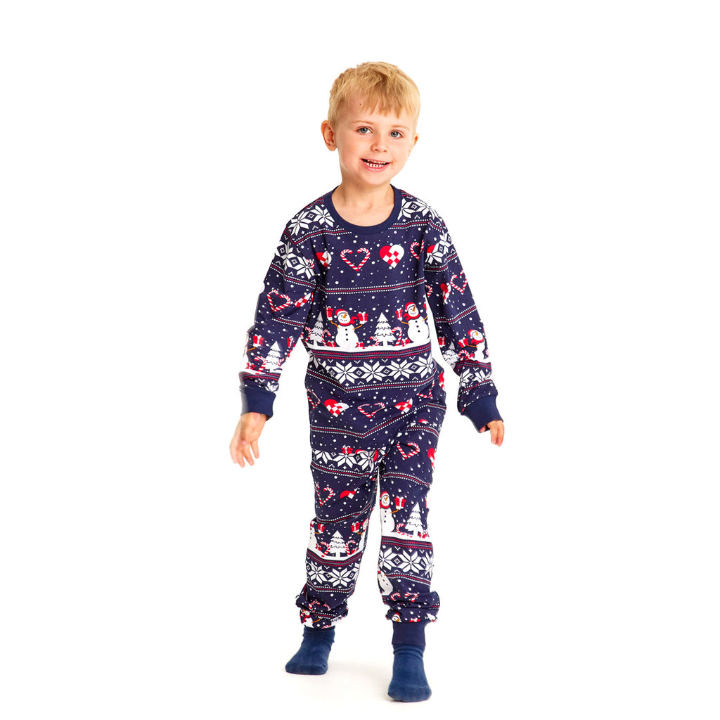 Blue Christmas Pyjama for Family with Snowmen and Hearts Kids