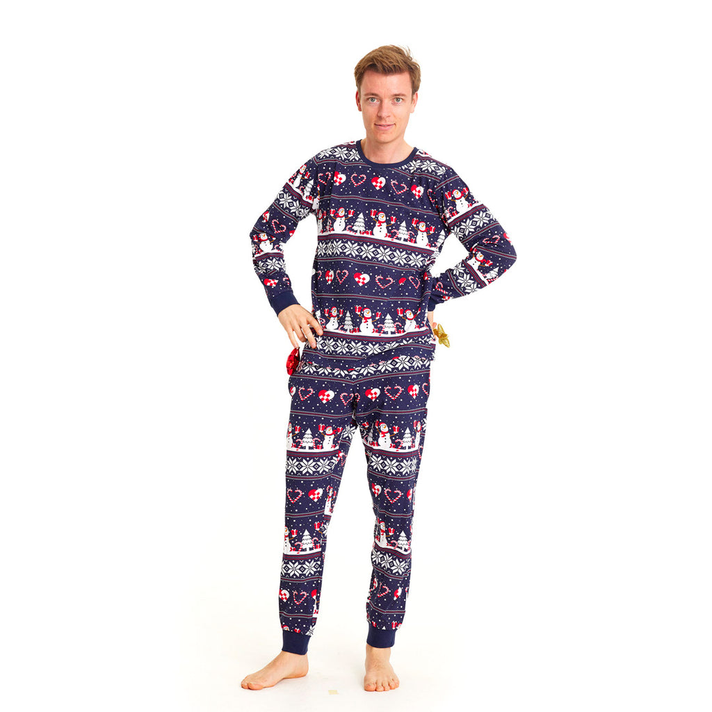 Blue Christmas Pyjama for Family with Snowmen and Hearts Mens