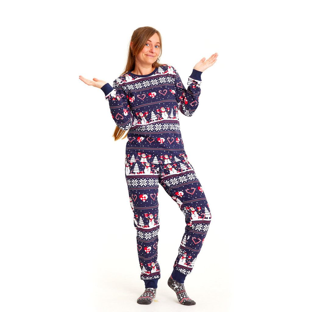 Blue Christmas Pyjama for Family with Snowmen and Hearts Womens