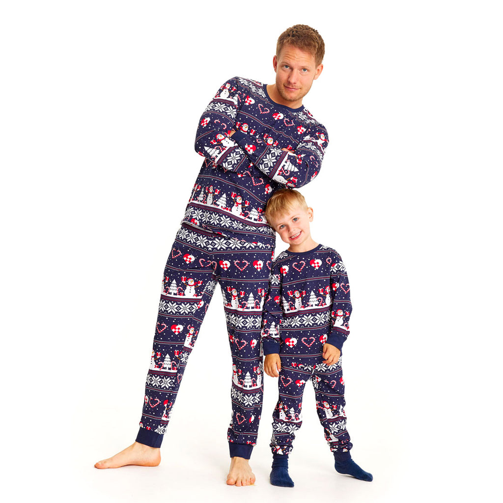 Blue Christmas Pyjama for Family with Snowmen and Hearts