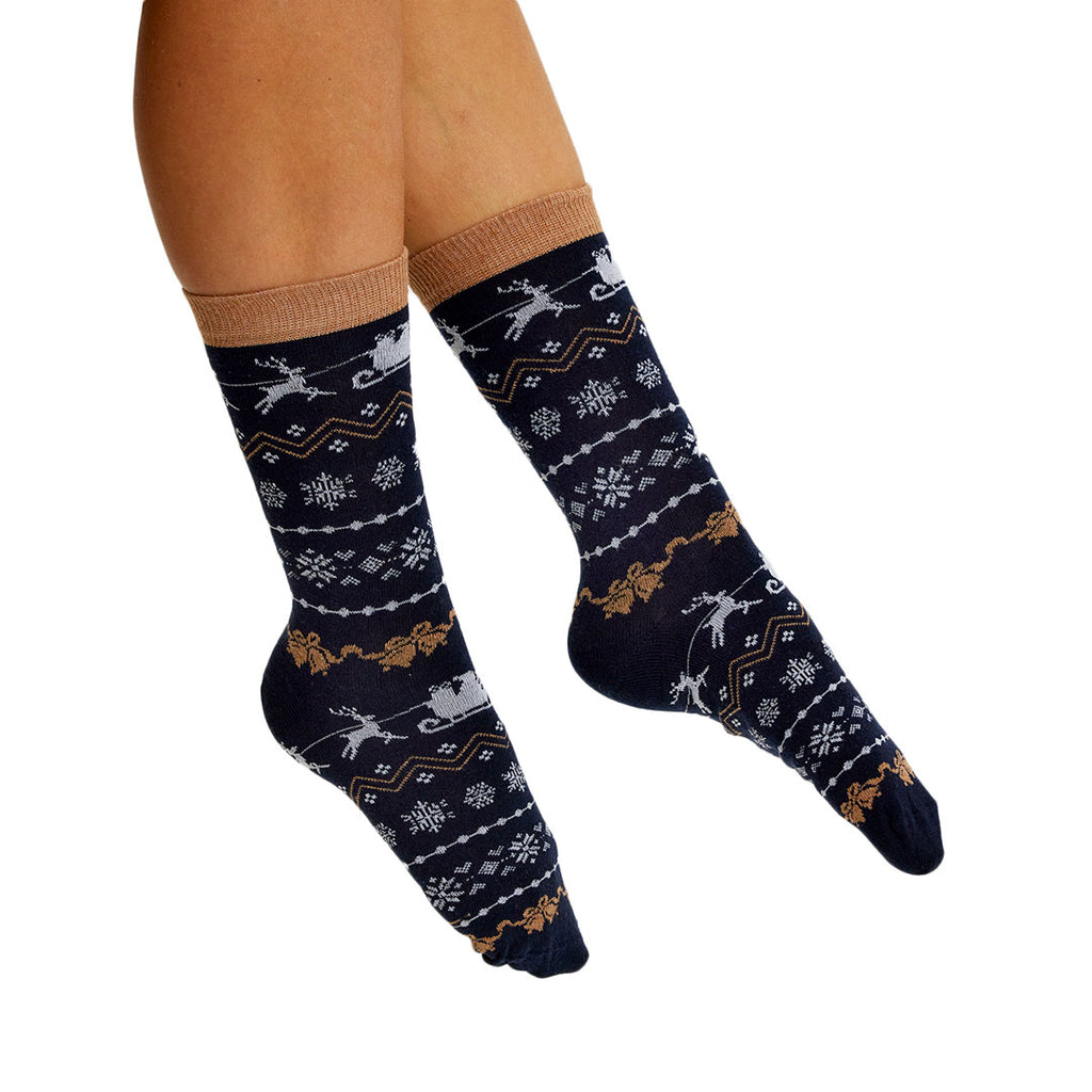 Blue Christmas Socks Unisex with Reindeers and Snow Womens and Mens
