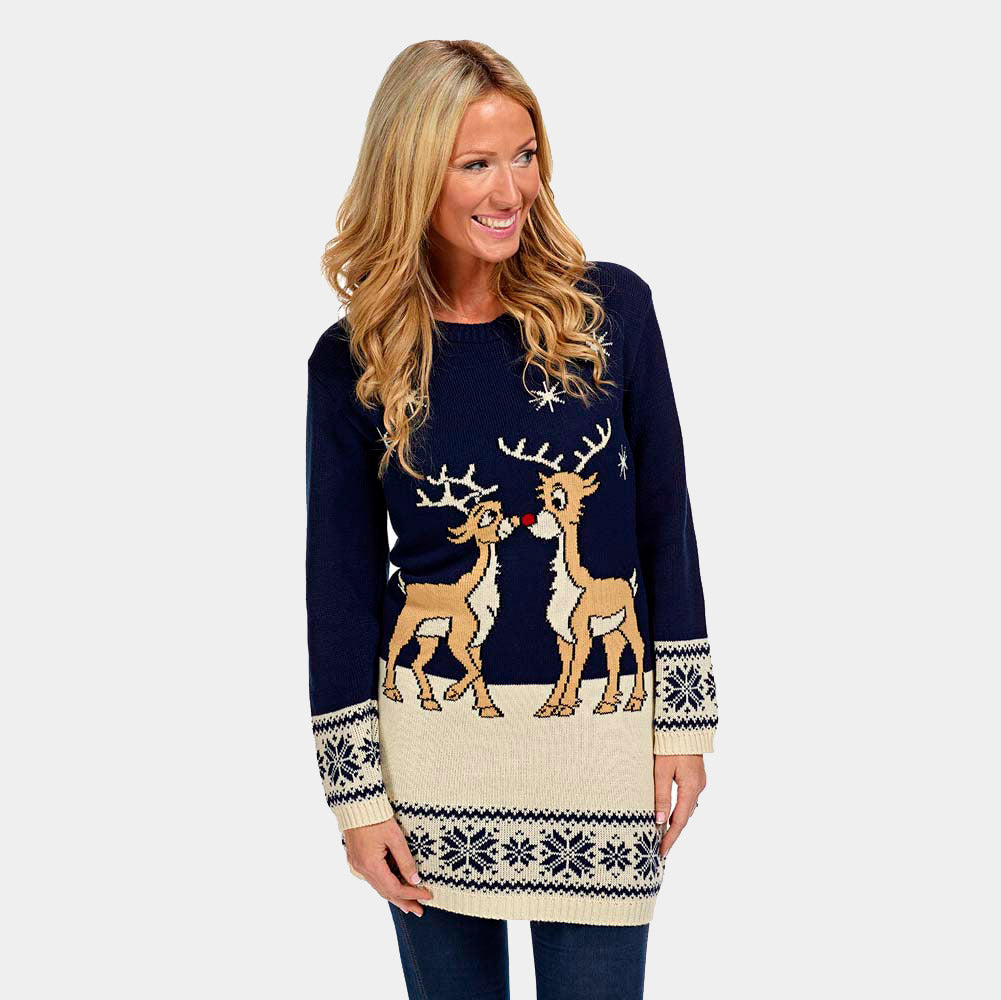 Blue Christmas Womens Dress with Baby Reindeers