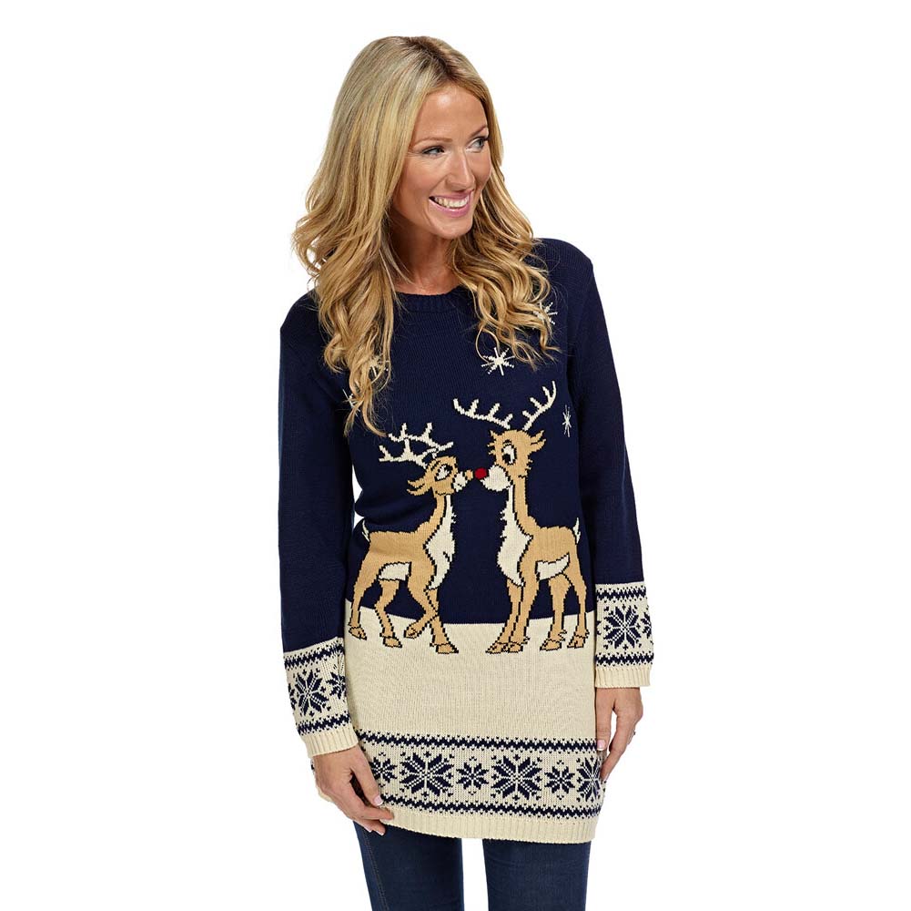 Blue Christmas Womens Dress with Baby Reindeers