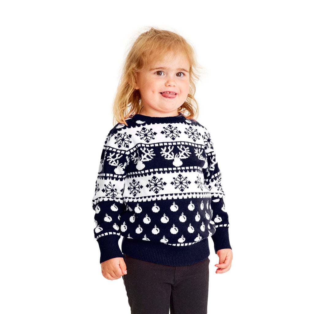 Blue Family Christmas Jumper with Reindeers and Snow Kids