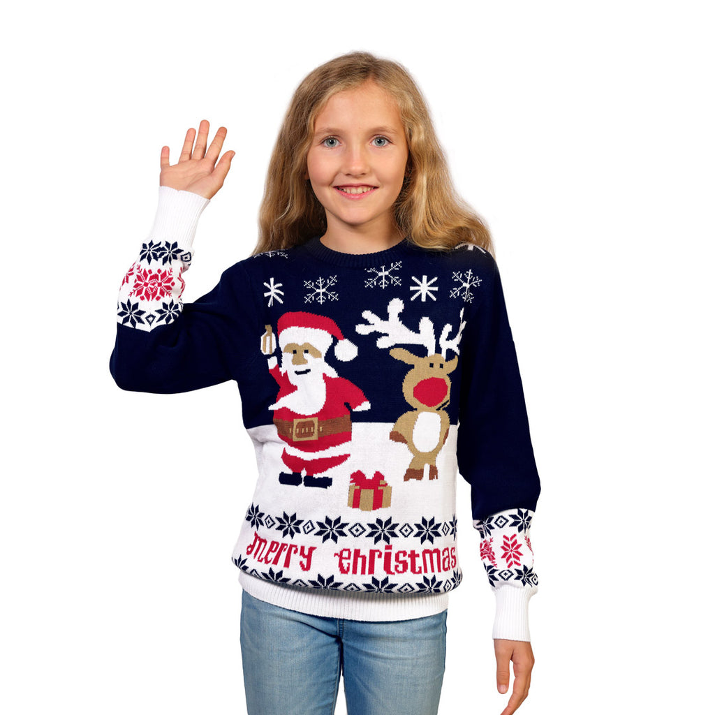 Blue Organic Cotton Girls Christmas Jumper with Santa and Rudolph