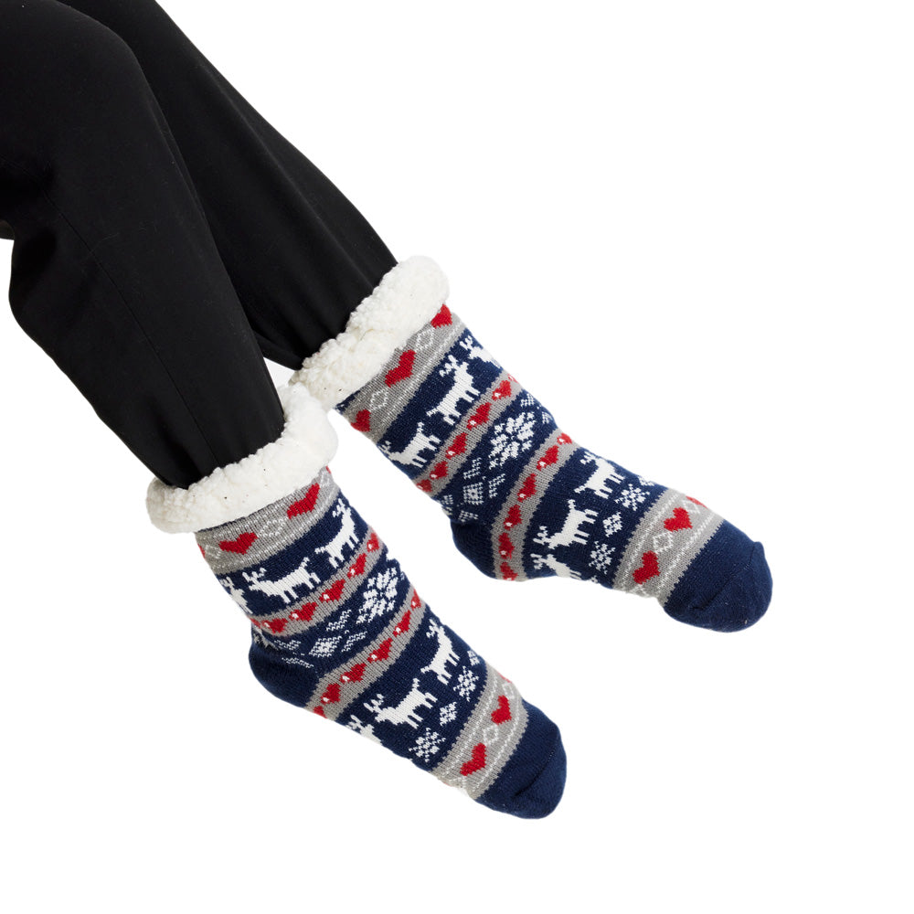 Blue Rubber Sole Christmas Socks with Reindeers and Hearts Womens and Mens