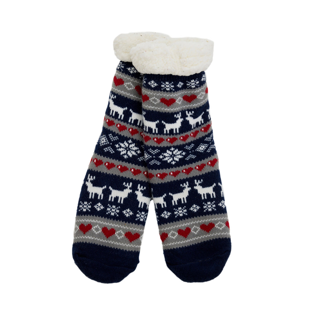 Blue Rubber Sole Christmas Socks with Reindeers and Hearts