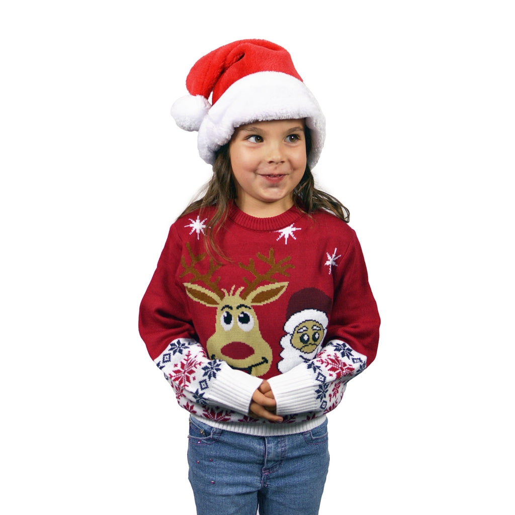 Boys and Girls Christmas Jumper with Santa and Rudolph Smiling Kids