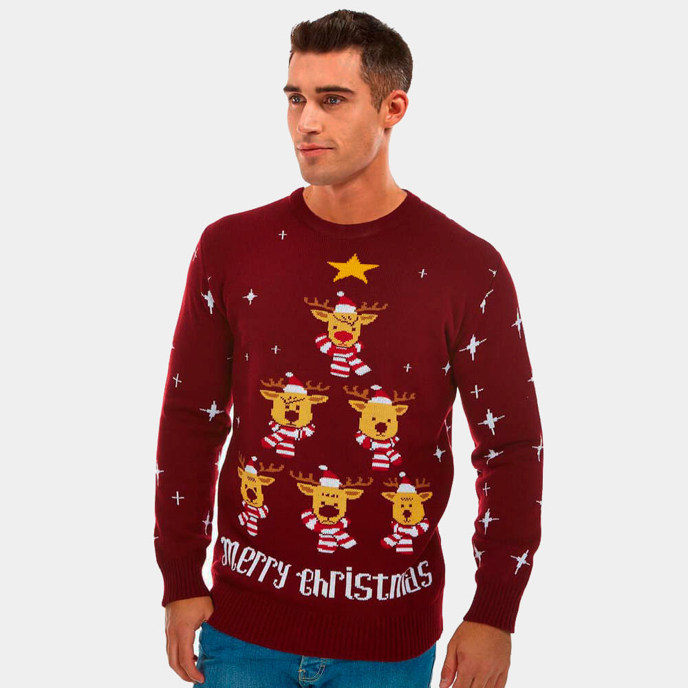 Burgundy Christmas Jumper with Reindeers, Christmas Tree and Star Mens