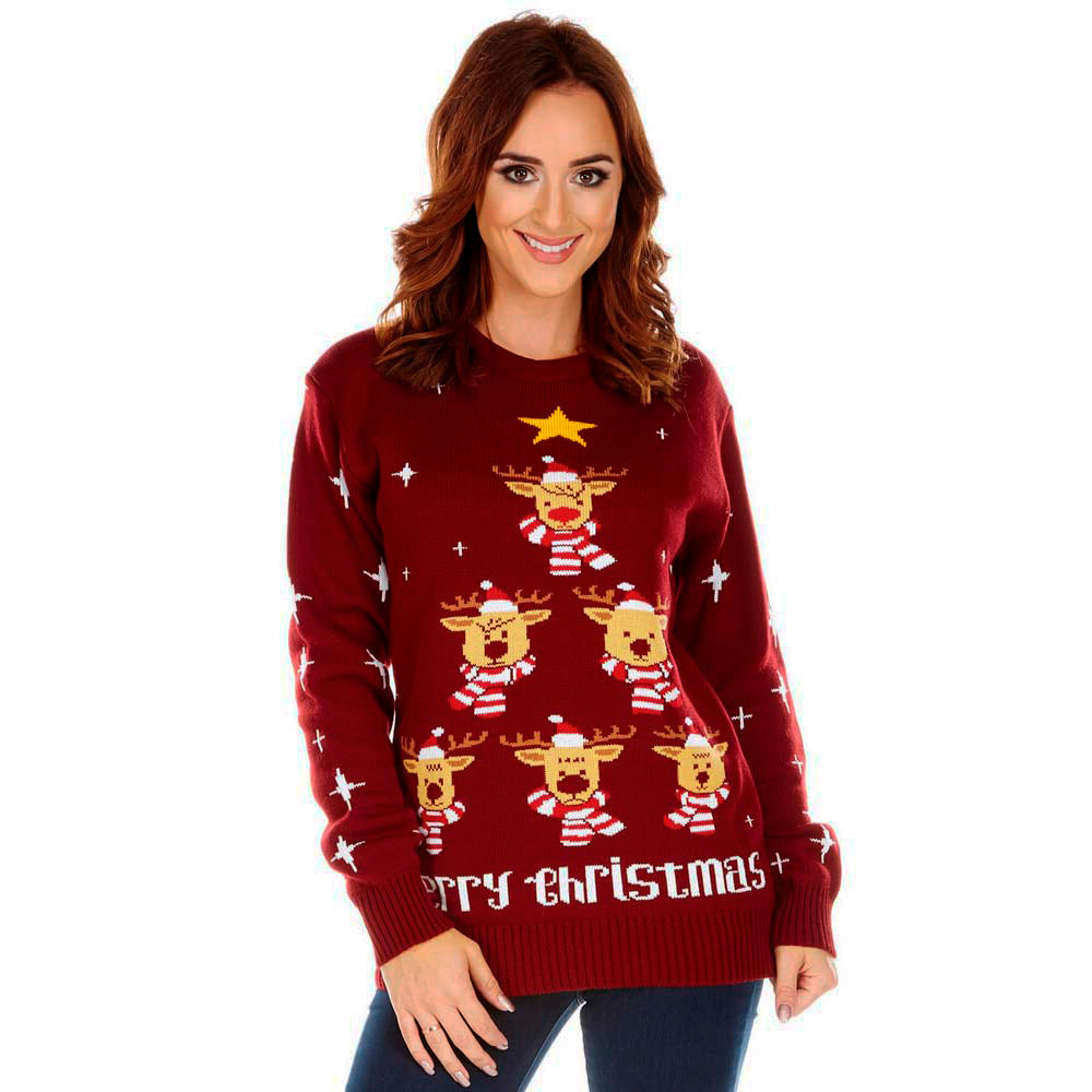 Burgundy Christmas Jumper with Reindeers, Christmas Tree and Star Womens