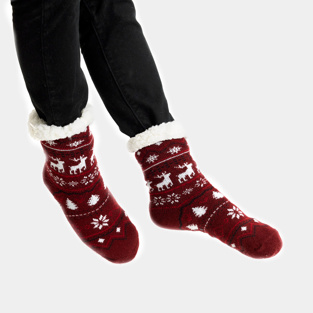 Burgundy Rubber Sole Christmas Socks with Reindeers Womens and Mens